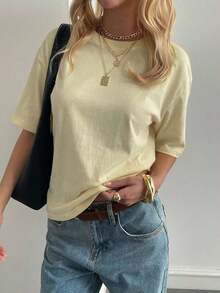 Blusa básica de manga corta, cuello redondo, corte holgado, para mujer, otoño/invierno - Amarillo - Ver 5