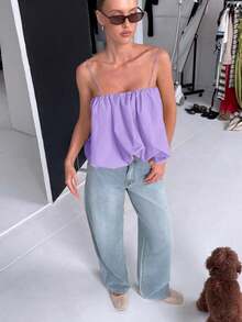 Top de camisola fruncido estilo bohemio con bajo abombado y tirantes ajustables para un estilo casual de verano - Lila Púrpura - Ver 7