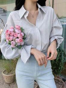 Camisa con volantes y hombros caídos a rayas verticales, blusas de manga larga, ropa de otoño - Blanco 2 - Ver 6