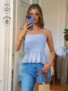 Mujer Camiseta Sin Mangas Con Espagueti, Hem Inferior Con Volantes Con Parche De Bloque unicolor - Celeste - Ver 7