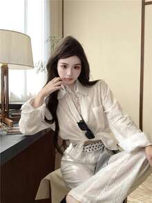 Áo blouse tay dài cài nút trước phối ren tương phản phong cách Old Money thanh lịch cho phụ nữ trưởng thành, màu trắng - trắng - Xem 4