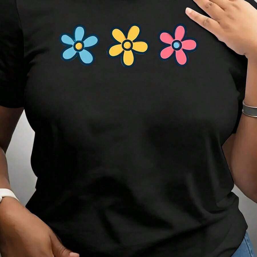 Camiseta de manga corta con cuello redondo estampada para mujer, hecha de tela de poliéster elástica y cómoda, vestido casual para primavera y verano, versión cómoda lavable a máquina, con un patrón de flores brillantes adecuado para primavera, verano y otoño, para el Día de la Tierra, comodidad durante todo el día, uso diario, para parejas, estilo minimalista, blusa casual mujer, playeras de mujer algodón. - Negro - Ver 1