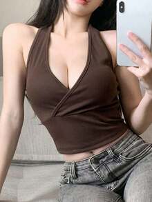 Top halter acanalado de un solo color, top de salida, top de tirantes, atuendo de crucero para mujeres - Café integral - Ver 4