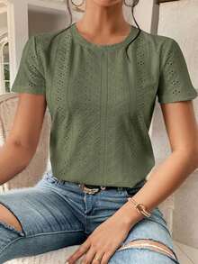 Camiseta blanca de cuello redondo con bordado de ojales, minimalista para ir a la oficina, estilo antiguo y sencillo - Verde militar - Ver 4