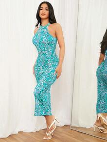 Vestido ajustado de cuello halter con estampado floral - Multicolor - Ver 3