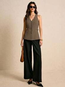 Elegante blusa marrón con cierre de botones delantero y cintura ceñida, elegante y ajustada a la cintura, blusa elegante para mujer, blusas elegantes para mujer, sencilla y elegante, adecuada para uso diario, salir, ir al trabajo, otoño/invierno, blusas marrones para mujer, blusa color caqui, blusa marrón café - Marrón Mocha - Ver 2