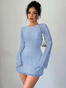 mini ajustado de encaje de estilo elegante, romántico y sexy para mujer, adecuado para fiestas, vacaciones, vuelta al colegio, citas románticas, bodas y cumpleaños - Manga larga - Celeste - Ver 5