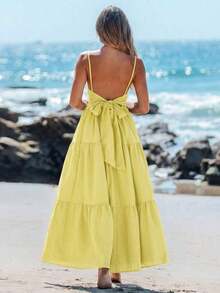 Vestido casual sin mangas con lazo para primavera y verano, atuendos de verano para mujer, vestidos de verano para mujer, atuendos de vacaciones, vestido de playa de verano para mujer, vestido de vacaciones estilo boho y fairycore, vestido sin esp - amarillo ganso - Ver 5