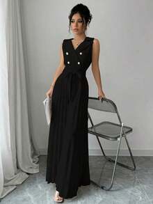 Mono plisado con diseño de chaleco cruzado elegante para mujer, color albaricoque, para primavera y otoño - Negro - Ver 5