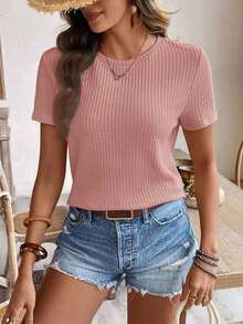 de manga corta para la primavera y el verano con cuello redondo y unicolor en tela texturizada para uso casual - Rosa vieja - Ver 6