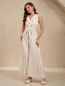 Mono plisado con diseño de chaleco cruzado elegante para mujer, color albaricoque, para primavera y otoño - Albaricoque - Ver 7