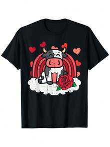 Valentine's Day T-Shirt With Rainbow And Cute Cow Print, 100% Cotton, Loose Fit, Crew Neck - Hand Wash Or Dry Clean Only - 黑色 - 查看 6
