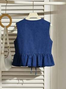 Chaleco de mezclilla casual de mujer con lazo anudado, dobladillo con volantes y color azul - Azul lavado oscuro - Ver 2