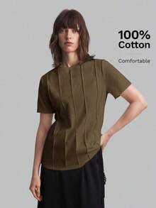 2026 Primavera/Verano Camiseta casual de mujer de manga corta con diseño de rayas de unicolor y cuello redondo, adecuada para el estilo casual urbano, la moda minimalista, el transporte urbano, la sencillez elegante, el Día del Maestro, la tela de p - Marrón - Ver 6