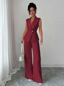 Conjunto de oficina elegante para mujer, compuesto por una chaqueta blazer sin mangas con cuello y bajo asimétrico, con hebilla metálica en la cintura, combinada con pantalones de cintura elástica.Conjunto de 2 piezas elegante para primavera/verano, atuendo formal y de clase para mujer. - Burdeos - Ver 7