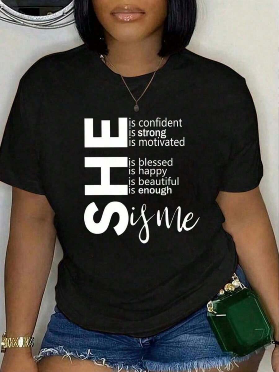 Camiseta de Mujer con Frase Inspiradora "Ella Es Confidente y Fuerte" - Estampado de Letras Blancas y Energía Solar - Top Casual de Manga Corta y Cuello Redondo para Primavera/Otoño - Atuendo de Autoestima (Ella Es Yo) - Ropa Casual Lavable a Máquina - Disfraz de Halloween - Camiseta de Mujer para Otoño - Ropa de Mujer Adecuada para Pascua, Halloween, Acción de Gracias, etc. Camiseta de Algodón - Regalo Ideal - Negro - Ver 1