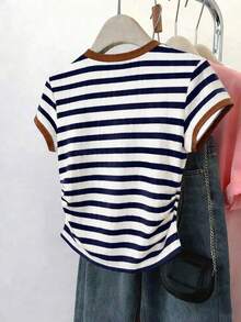 Set de 3 camisetas a rayas para mujer, en negro, blanco y rojo, camisetas versátiles de moda con cintura fruncida, adecuadas para volver al colegio, sesiones de fotos y uso al aire libre - Multicolor 9 - Ver 2