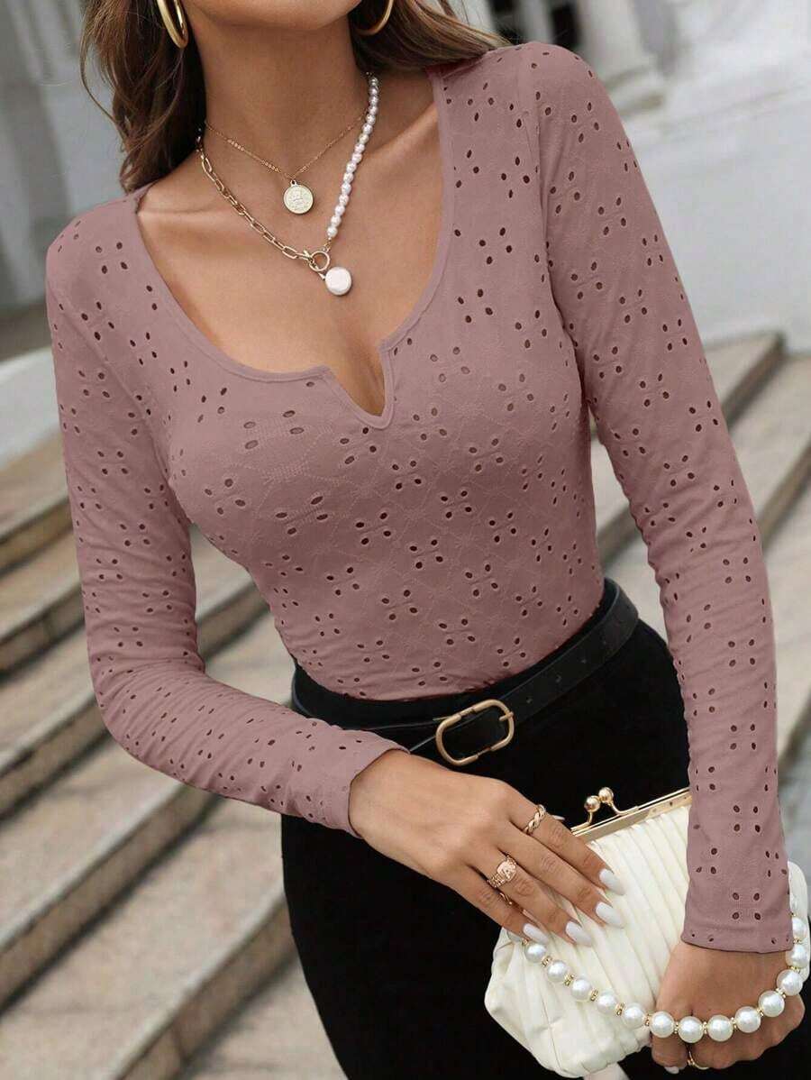 Camiseta Bordada Hueca De Color Sólido - Rosa vieja - Ver 1