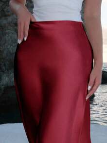 Falda larga básica de unicolor para mujeres, conjunto de ropa de mujer - Rojo - Ver 4