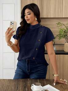 Weeklong Camisa suelta con botones y bordado de ojetes asimétrico, atuendo casual para diario/vacaciones, ropa de oficina - Azul marino - Ver 4