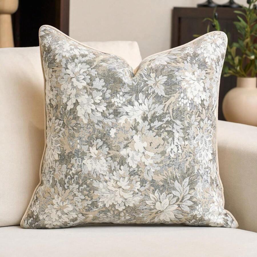 1pc Beige Luxury Sofa Cushion Cover, Vintage American Floral Throw Pillow Case, Chenille Decorative Pillow Sofa Cushion Pillowcase Soft Cushion Decor, Suitable For Home, Sofa, Bed, Bedroom, Living Room, Cafe, Showroom, Decoration, Daily And Holiday Party Occasions, All Seasons - Beige - View 1