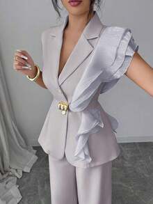 Traje formal elegante de mujer color albaricoque, conjunto de blazer con cuello de volantes de organza con lentejuelas y cintura con lazo, que incluye chaqueta sin mangas y pantalones rectos, color burdeos, adecuado para Halloween, Navidad, - Gris - Ver 8