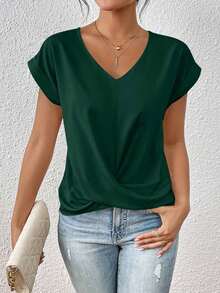 Frenchy Blusa Solida Con Mangas De Plumaje Y Tuerza En La Manga, Ideal Para La Primavera - Verde militar - Ver 7