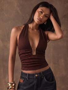 Top halter corto con espalda descubierta y nudo delantero, de tela texturizada y unicolor, para mujer, ideal para vacaciones en la playa - Café integral 2 - Ver 3
