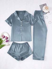 Conjunto de pijama de 3 piezas para mujer con cuello de seda falsa de unicolor y ribete contrastante - Gris - Ver 1