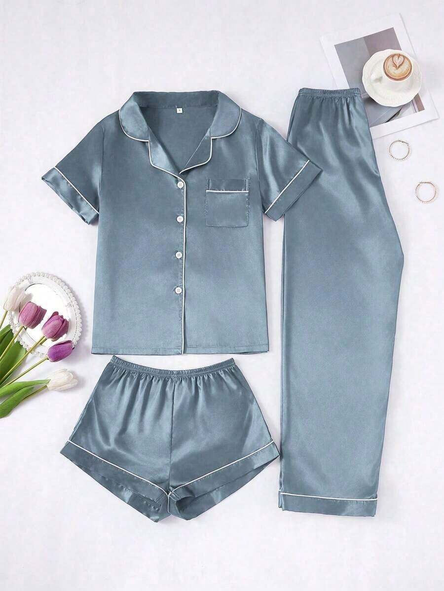 Conjunto de pijama de 3 piezas para mujer con cuello de seda falsa de unicolor y ribete contrastante - Gris - Ver 1