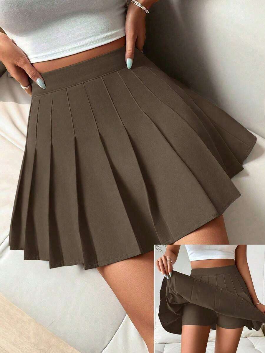 Falda pantalón casual de talle alto con pliegues y rayas para mujer - Café integral - Ver 1
