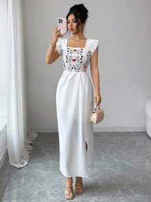 YHHSHEIN Elenzya Vestido casual de vacaciones con cuello cuadrado, mangas cortas, estampado digital frontal, bajo asimétrico y plisado, adecuado para mujeres de 20 a 35+ años para uso diario y reuniones (estampado de colocación)YHH - Blanco - Ver 7