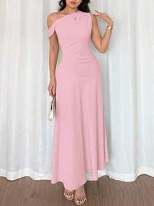 Vestido de cóctel elegante de estilo francés bohemio y chic con detalles de volantes, cuello asimétrico y silueta de línea A en color verde macaron, ideal para vacaciones, días festivos, graduación, citas - Rosa - Ver 6