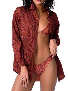 Women's Spring Autumn Slim Shirt Long Sleeve Lapel Zebra/Floral/Tree Print Button Blouse - Brick Red - View 3