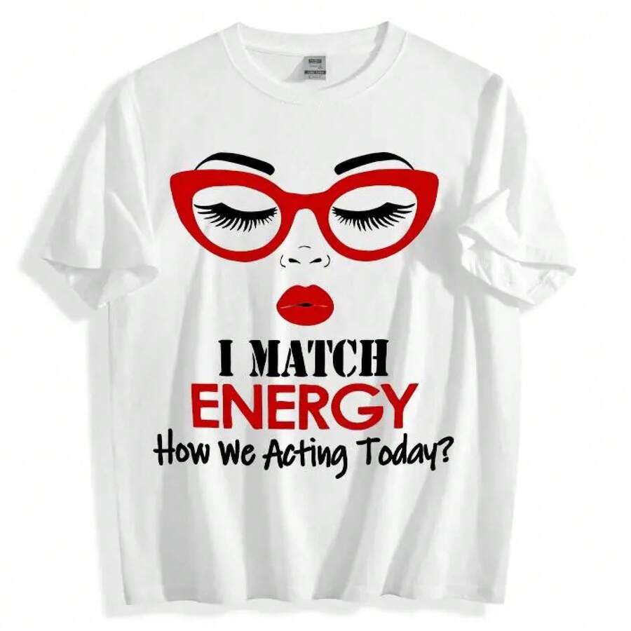 FEEGO 1 Piece Plus Size Casual T-Shirt With The Slogan "I Match Energy", Round Neck, Polyester Fabric, Medium Elasticity, Alphabet Print T-Shirt For All Seasons - 白色 - 查看 1
