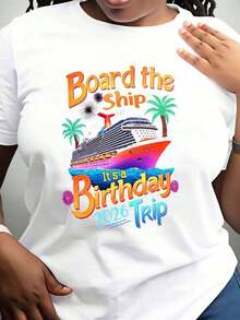 1 pieza Camiseta de Fiesta de Crucero 'El Barco es un Viaje de Cumpleaños 2026' para Hombres y Mujeres, Regalo de Celebración de Cumpleaños, Vacaciones, Atuendo de Verano, 180g 100% Algodón - Blanco - Ver 2