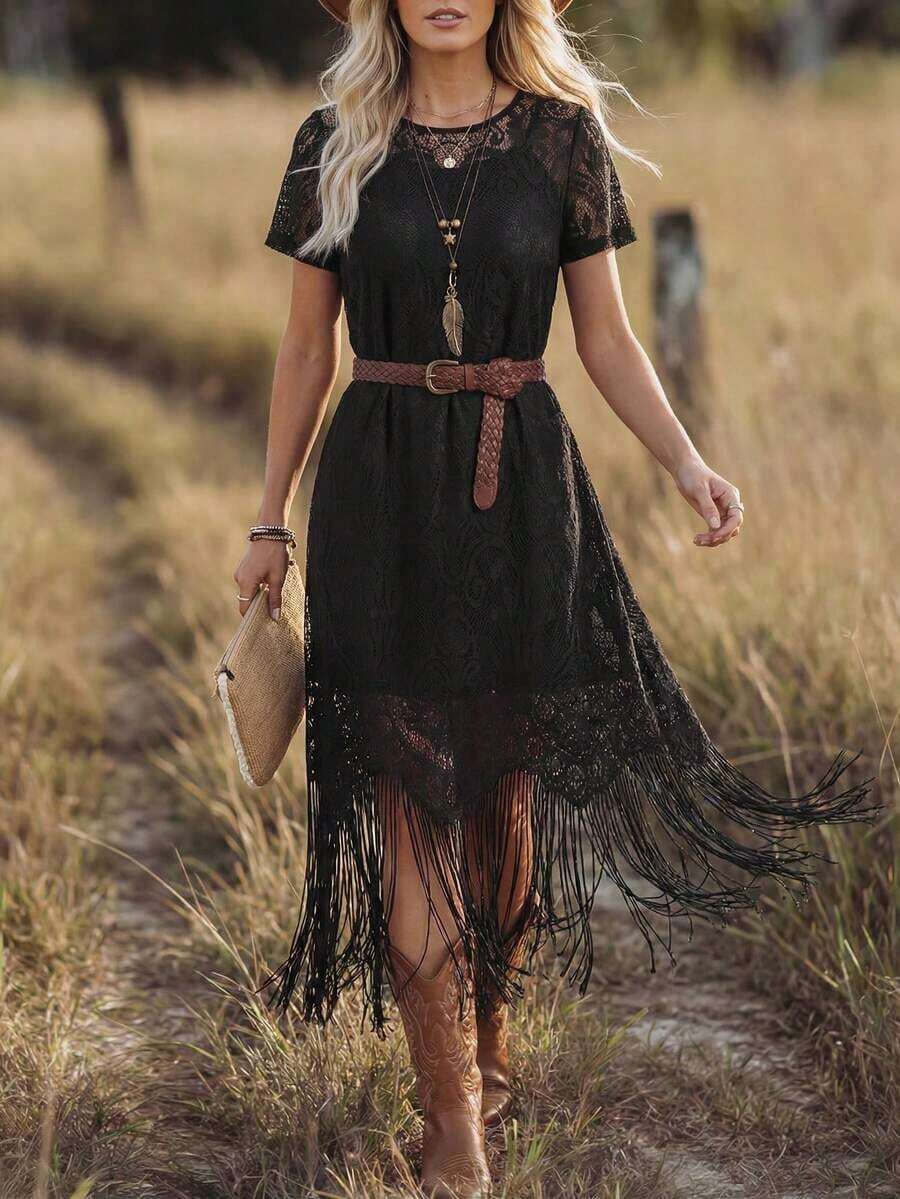 LUNE Vestido de manga corta con encaje y flecos de unicolor, vestidos de campo para mujeres, vestido de campo y occidental, atuendo bohemio para mujeres, vestido bohemio, ropa bohemia chic para mujeres, atuendos occidentales para mujeres, vestido de resort, vestido de vacaciones para mujeres - Negro - Ver 1