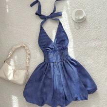 Vestido midi con cuello halter, volantes y corbata a cuadros azul para mujer - Blanco y Negro - Ver 7