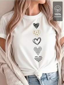 Oversize, Manga Corta, Corazones Blancos y Dorados Verticales - Camiseta 100% Algodón 100% - Blanco - Ver 7