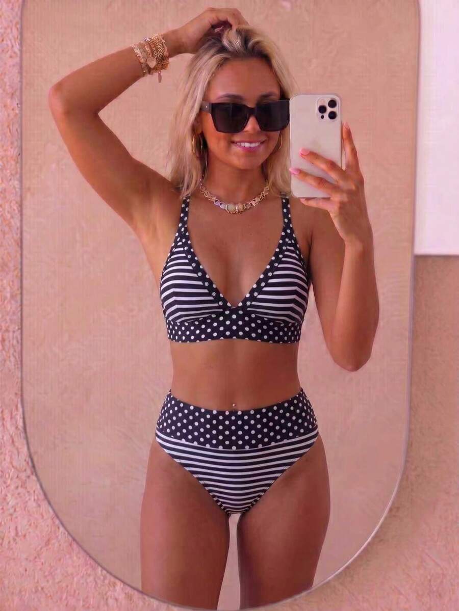 AUGUST VACATION 夏季優雅女款棕色波點與條紋印花前綁帶性感比基尼泳衣,隨機印花海灘度假泳衣,夏季度假穿搭 - 黑與白 - 查看 1