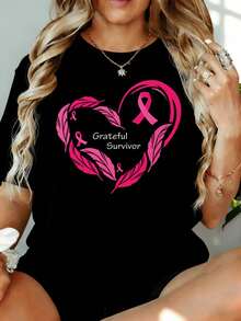 Camiseta Rosa con Corazón y Lazo para Mujer, Concientización sobre el Cáncer de Mama, 220g, para Ocio, Hogar, Aire Libre, Regalo para el Día de San Valentín o Fiesta - Blanco - Ver 3
