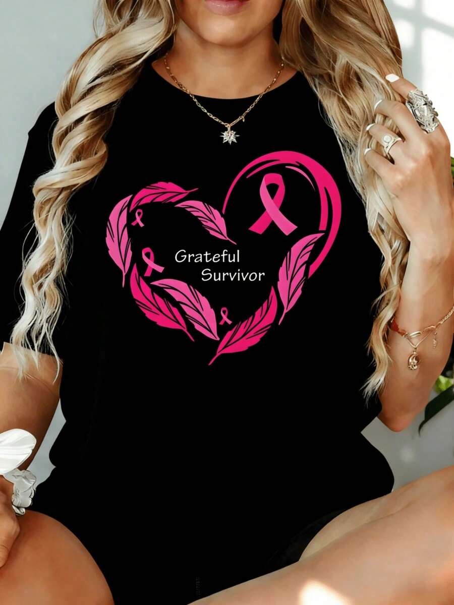 Camiseta Rosa con Corazón y Lazo para Mujer, Concientización sobre el Cáncer de Mama, 220g, para Ocio, Hogar, Aire Libre, Regalo para el Día de San Valentín o Fiesta - Negro - Ver 1
