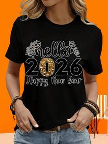 2026 New Year's Eve Party Graphic T-Shirt, Women's White T-Shirt With Gold Glitter Design For Celebrations And Parties, Women's Short Sleeve T-Shirt In Black And White, Two T-Shirts For Outdoor Leisure And Home - 黑色 - 查看 3