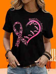 Camiseta de manga corta para mujer, informal, para actividades al aire libre y en casa, 220g, con diseño de la cinta rosa de concientización sobre el cáncer de mama, libélula y corazones. Camiseta casual para mujer, ideal para campañas de apoyo y concientización sobre el cáncer de mama, ocio, actividades al aire libre, vacaciones y como regalo para fiestas. - Negro - Ver 5