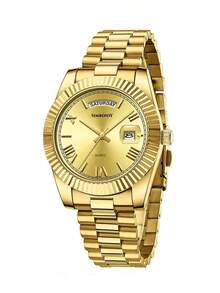 SIMBOJOY Men's Watch Stainless Steel Solid Steel Strap Calendar Week Classic Men's Gold Business Watch Men's Casual Quartz Watch Men's Waterproof Watch - Gold - View 9