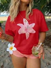 One Piece Of Women's Plus-Size Loose-Fitting T-Shirt, 100% Cotton, With A Watercolor Pink Lily Design, Perfect For Summer Beach Days, Tropical Vacations, And Music Festival Outfits, Creating A Fresh Bohemian Style. Suitable For Spring, Summer, And Autumn. - 紅色 - 查看 1