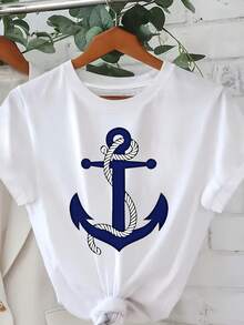 Women's Printed T-Shirt With Nautical Anchor Design - Casual Short Sleeve Crew Neck T-Shirt, Relaxed Fit Cotton With Tie Bottom, For All Seasons, Perfect For Everyday Wear And Holiday Outfits (Machine Washable). - 白色 - 查看 1