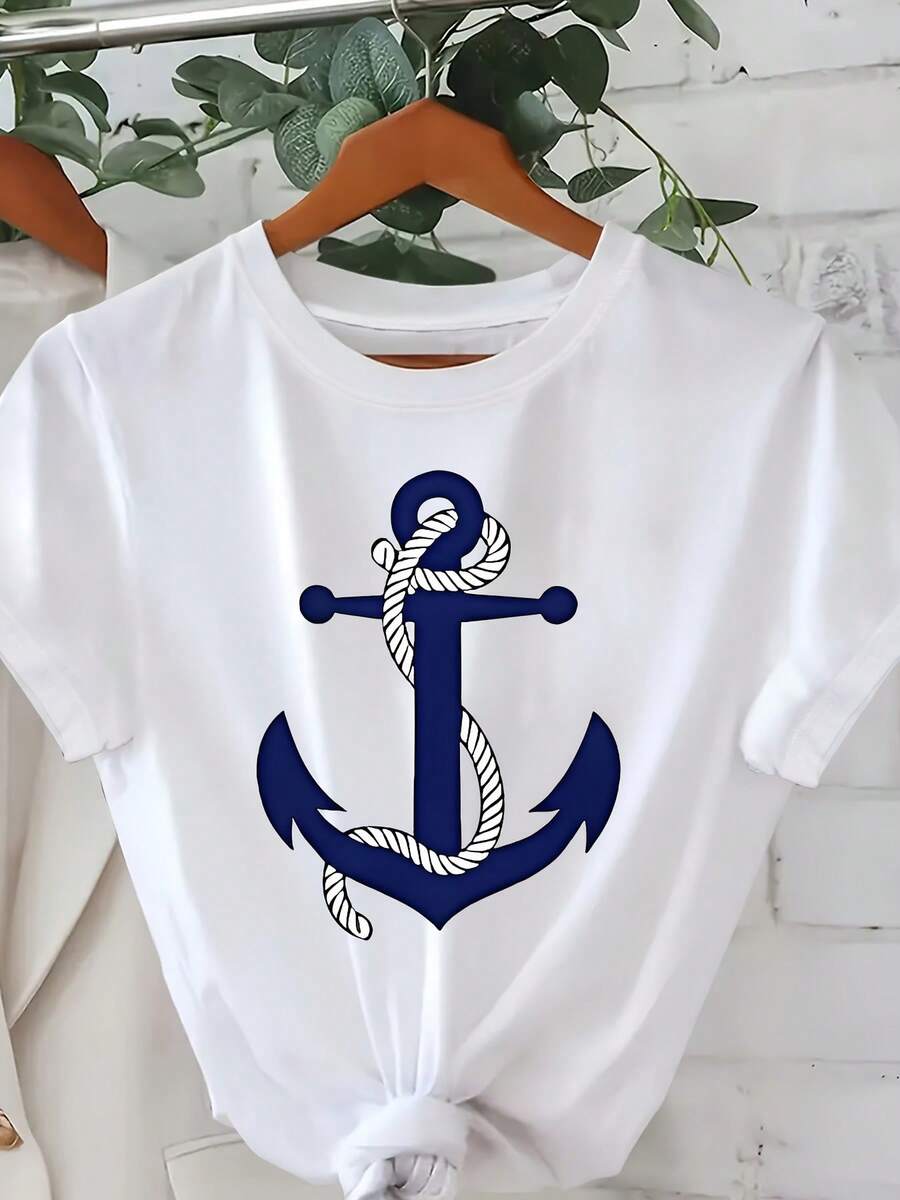 Women's Printed T-Shirt With Nautical Anchor Design - Casual Short Sleeve Crew Neck T-Shirt, Relaxed Fit Cotton With Tie Bottom, For All Seasons, Perfect For Everyday Wear And Holiday Outfits (Machine Washable). - 白色 - 查看 1