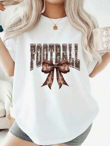 Camiseta Casual para Mujer con Estampado de Fútbol y Decoración de Lazo - Camiseta Casual de Manga Corta con Cuello Redondo, Estampado de Texto de Fútbol y Lazo, Estilo Cómodo para las Cuatro Estaciones, Ideal para Usar en Días de Partido, Regalo de Cumpleaños, Navidad, Halloween, Día de San Valentín para Aficionadas - Colores del Equipo Marrón y Blanco, Lavable a Máquina, Adecuada para Eventos al Aire Libre y Festivales, Corte Holgado con Diseño Temático de Fútbol, Camisetas y Blusas para Mujer, Ropa para Mujer, 100% Algodón, Duradera - Blanco - Ver 8