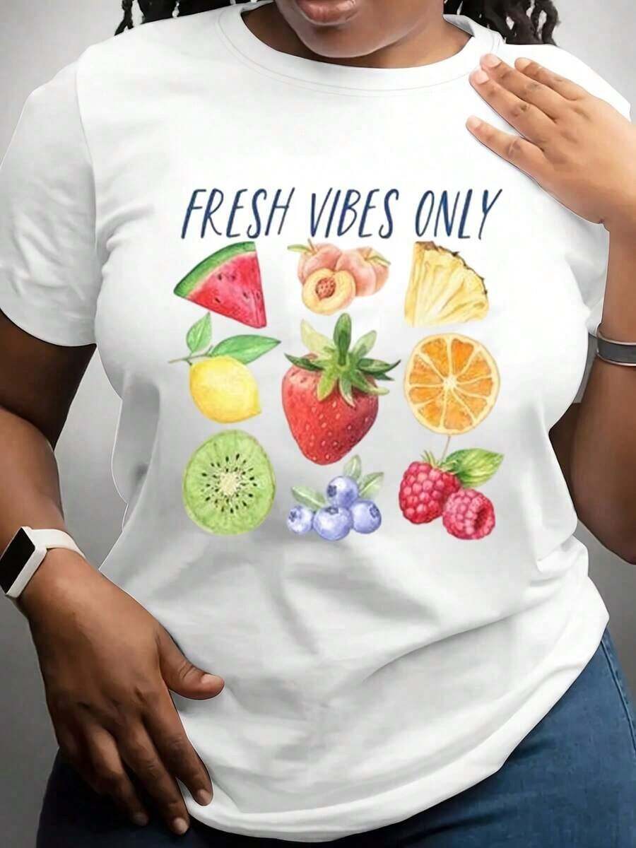 Casual T-Shirt With Fruit Print, Summer Style, Casual Clothing For Women And Girls, Perfect For Beach, Picnic Or Daily Outings, 220g, 100% Cotton, Durable - 白色 - 查看 1